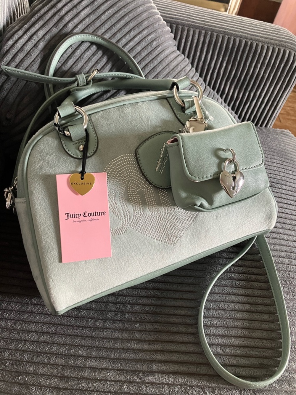 Juicy Couture Sage Green Queen Couture Satchel with Heart Charm Pouch